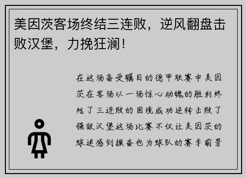 美因茨客场终结三连败，逆风翻盘击败汉堡，力挽狂澜！
